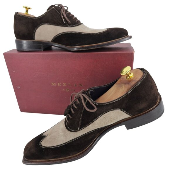 Mezlan Spain Mens size 9.5 Brown Beige Suede Leather Wingtip Oxfords Dress Shoes - Picture 9 of 12